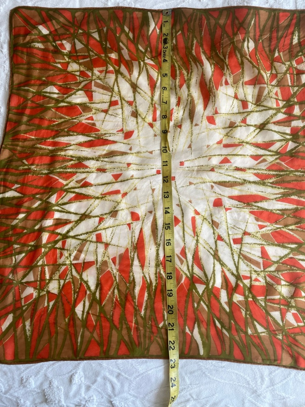 Vintage silk scarf, abstract print, orange, cream and green - Picture 6 of 8